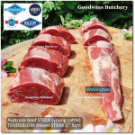 Beef Eye Fillet Mignon Has Dalam Tenderloin AGED BY GOODWINS 3-4 weeks STEER (young cattle) Australia HARVEY frozen 1/3 WELLINGTON cuts (price/pc 1kg)